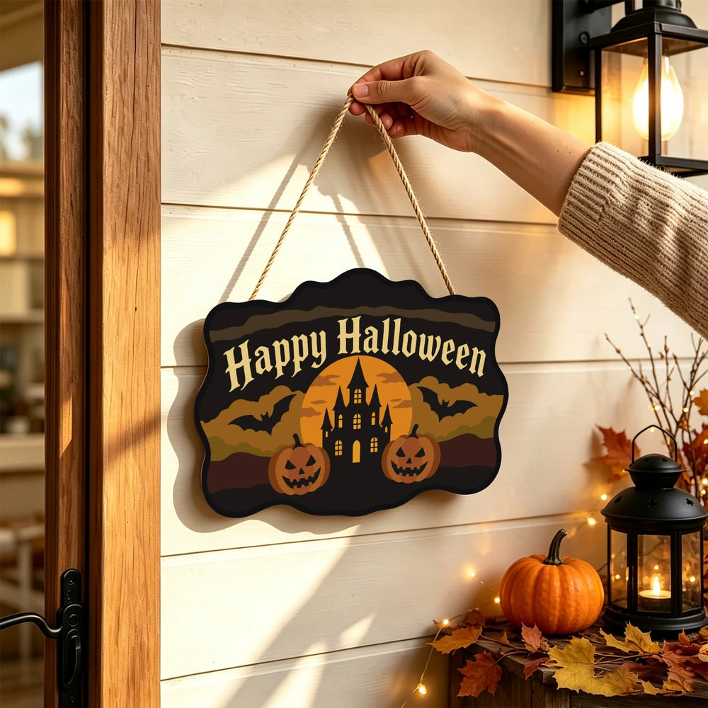Paint by Numbers - Wooden Door Hanger | Happy Halloween Castle and Pumpkins