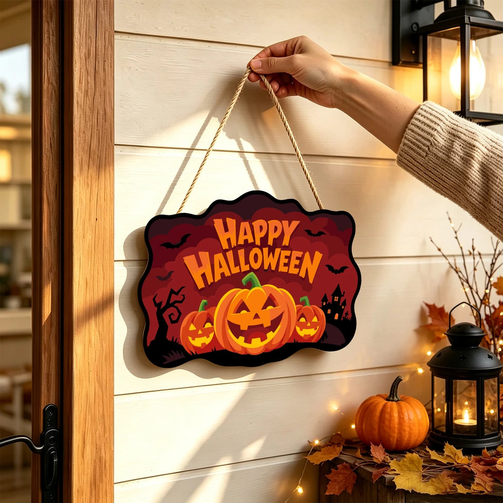 Paint by Numbers - Wooden Door Hanger | Happy Halloween Pumpkin Trio at Night