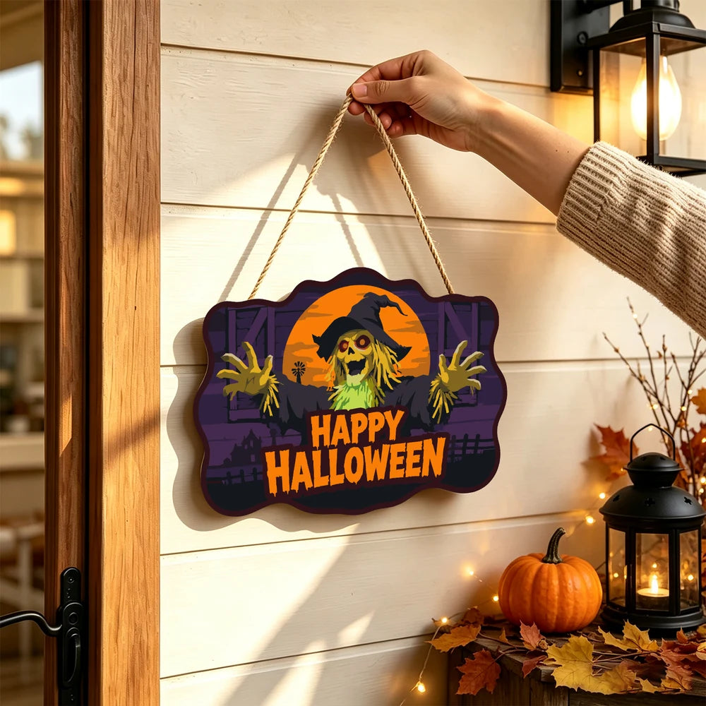 Paint by Numbers - Wooden Door Hanger | Happy Halloween Scarecrow at Night
