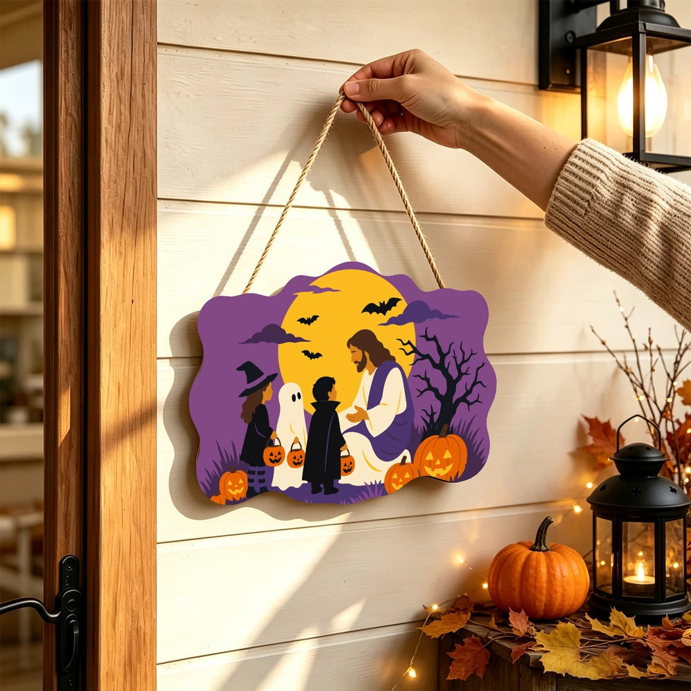 Paint by Numbers - Wooden Door Hanger | Jesus with Trick-or-Treaters
