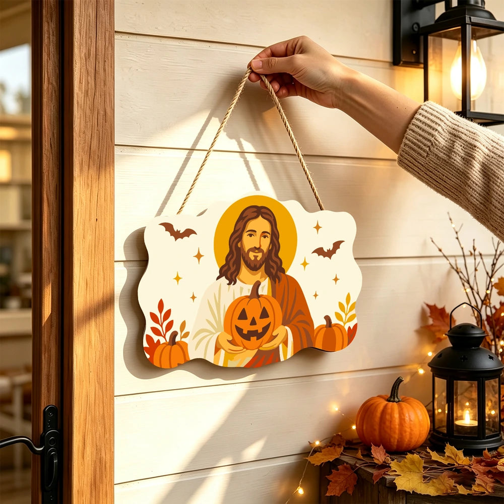 Paint by Numbers - Wooden Door Hanger | Jesus with a Jack-o'-Lantern in Autumn