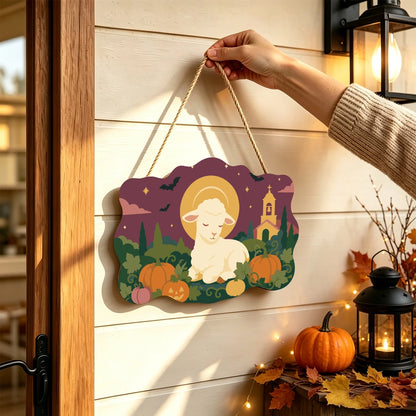 Paint by Numbers - Wooden Door Hanger | Lamb Resting in the Pumpkin Patch