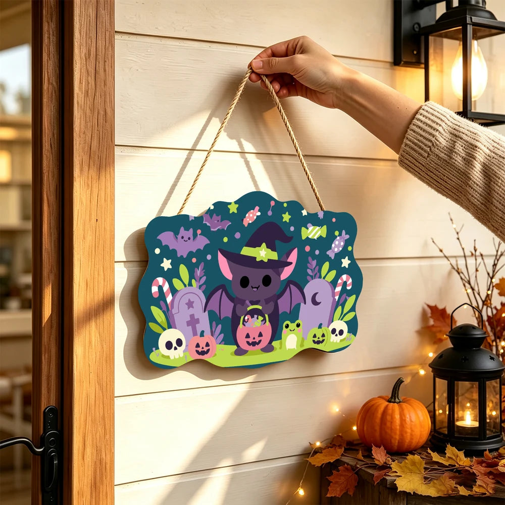 Paint by Numbers - Wooden Door Hanger | Little Bat with a Candy Basket