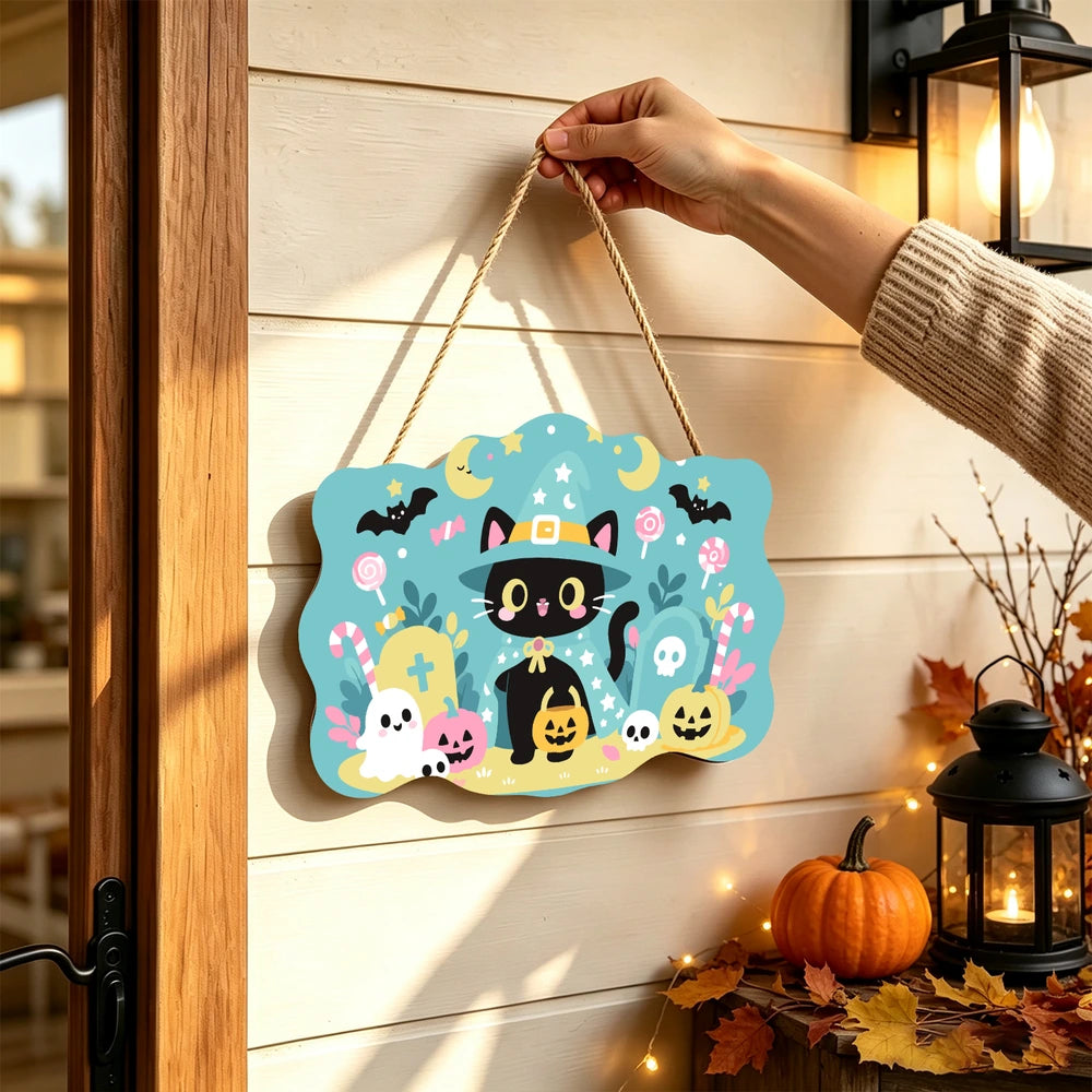 
Paint by Numbers - Wooden Door Hanger | Little Black Cat with a Candy Bucket