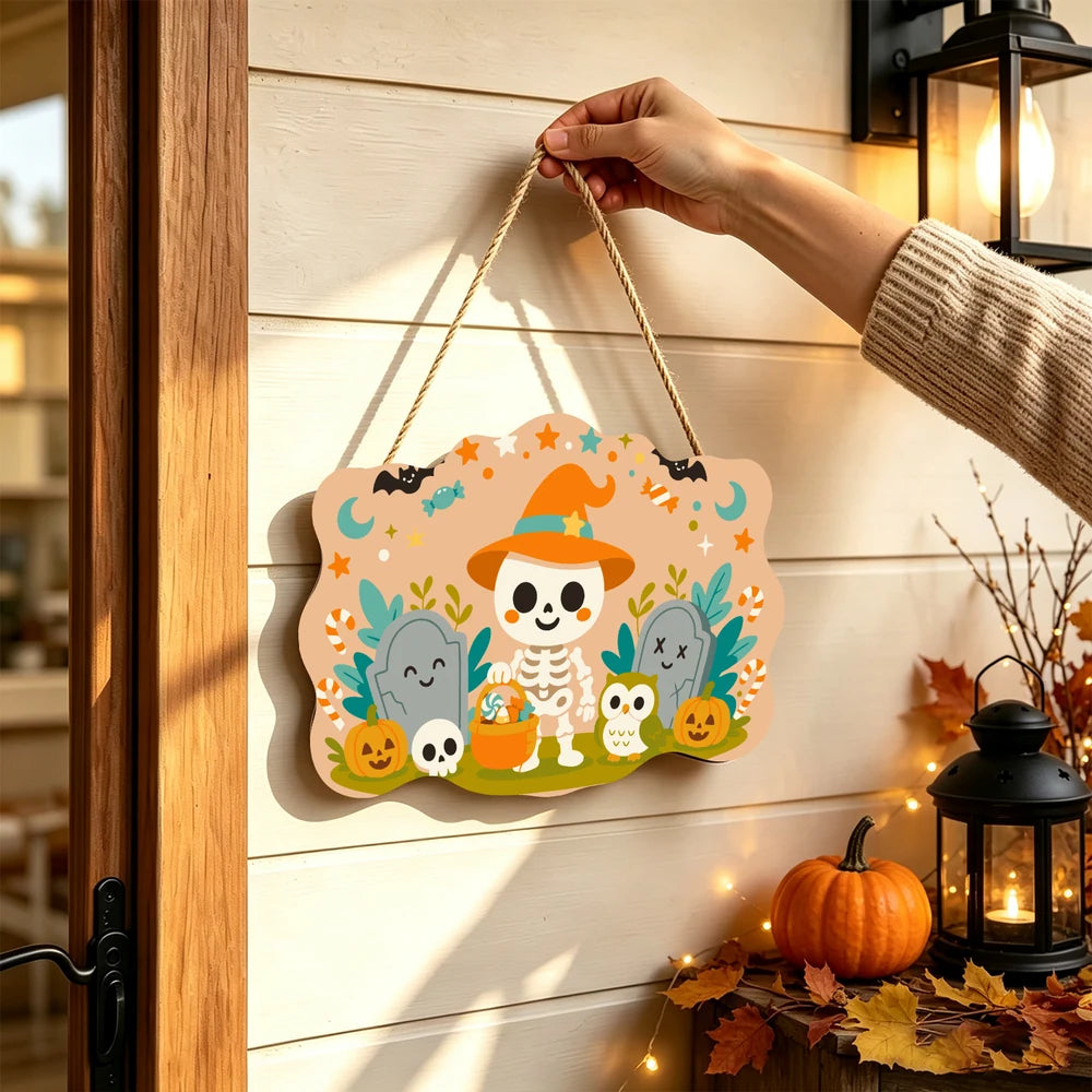 
Paint by Numbers - Wooden Door Hanger | Little Skeleton with a Candy Bucket