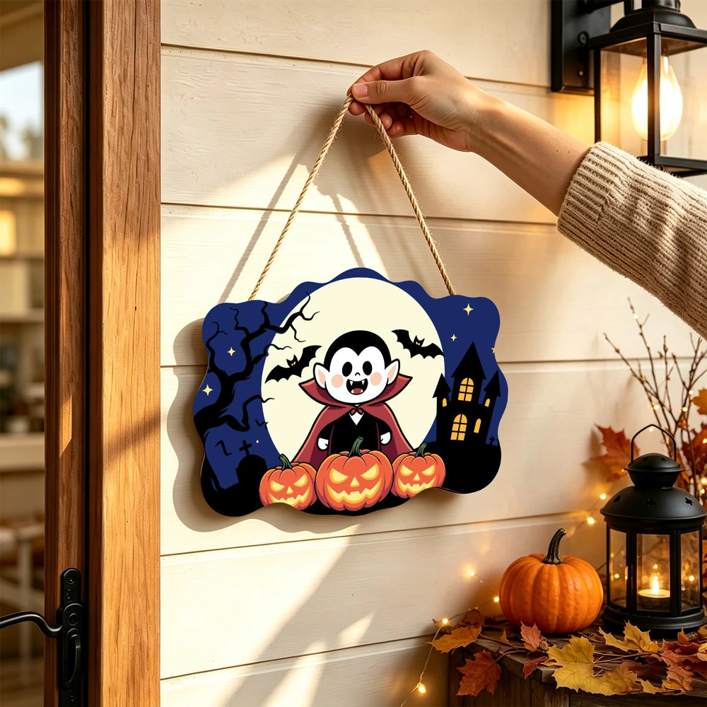 Paint by Numbers - Wooden Door Hanger | Little Vampire with Pumpkins