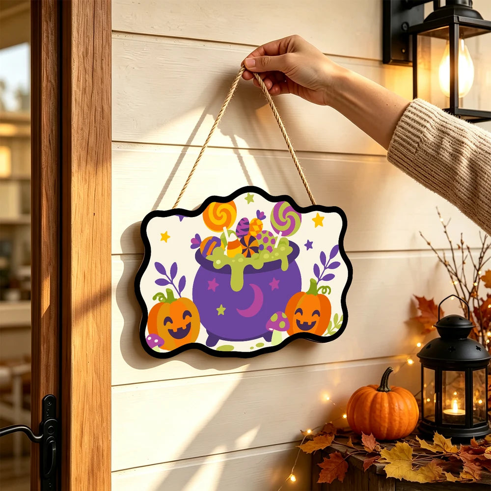 Paint by Numbers - Wooden Door Hanger | Lollipop Cauldron with Pumpkins