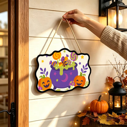 Paint by Numbers - Wooden Door Hanger | Lollipop Cauldron with Pumpkins