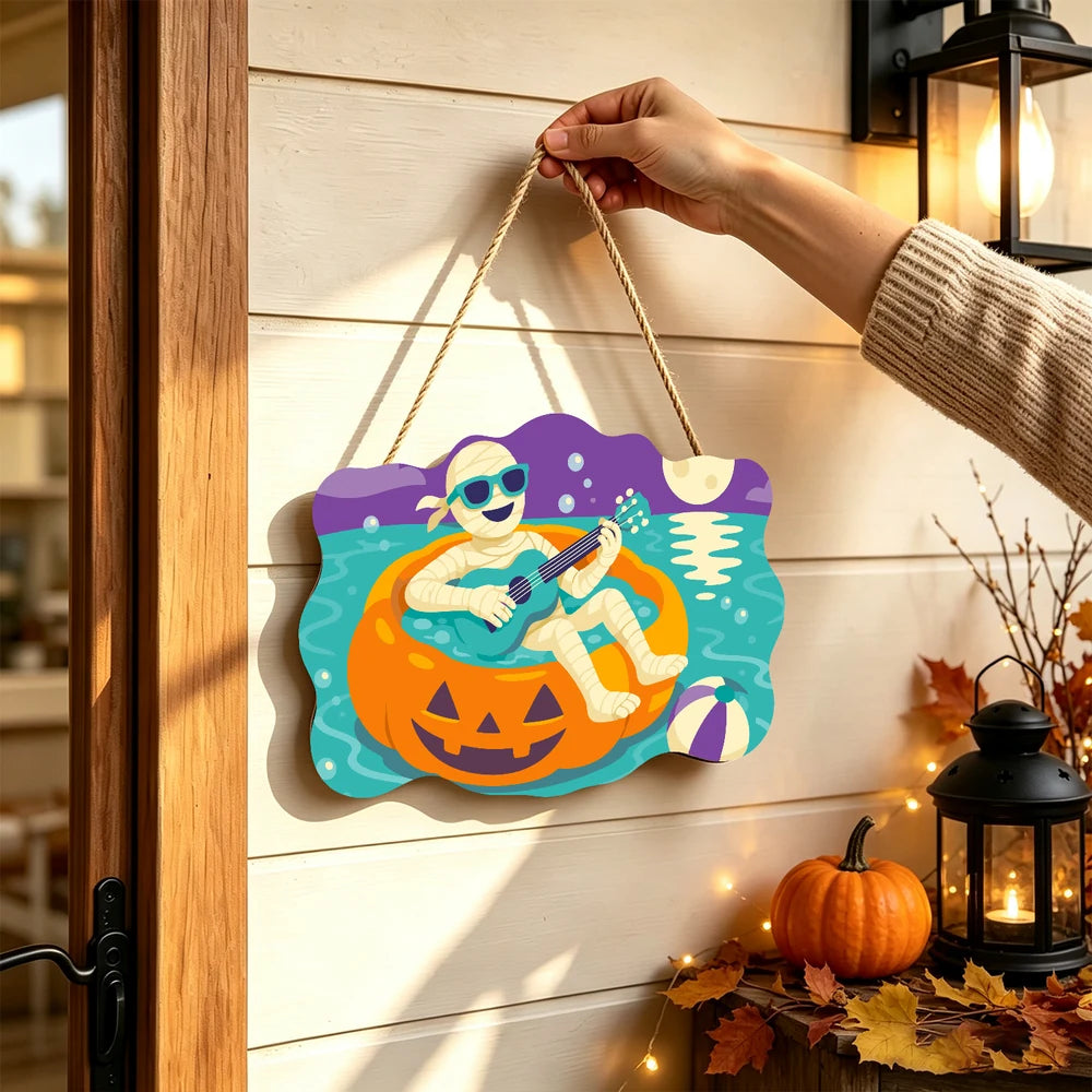 Paint by Numbers - Wooden Door Hanger | Mummy Playing Ukulele on a Pumpkin Float