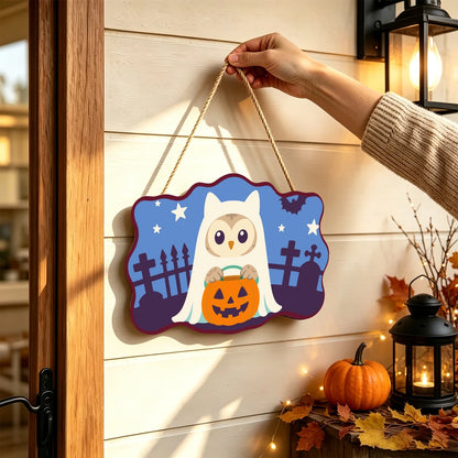 Paint by Numbers - Wooden Door Hanger | Owl Ghost with a Pumpkin