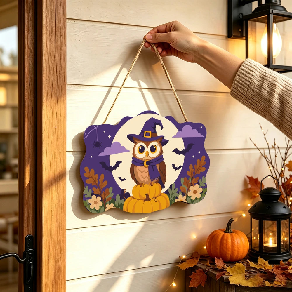 Paint by Numbers - Wooden Door Hanger | Owl in a Witch Hat in the Moon