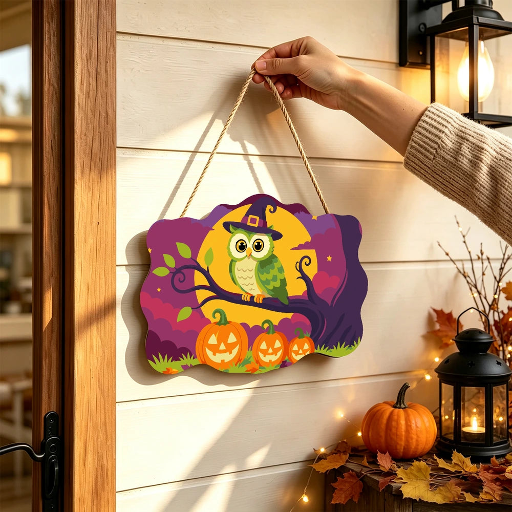 Paint by Numbers - Wooden Door Hanger | Owl in a Witch Hat on a Branch