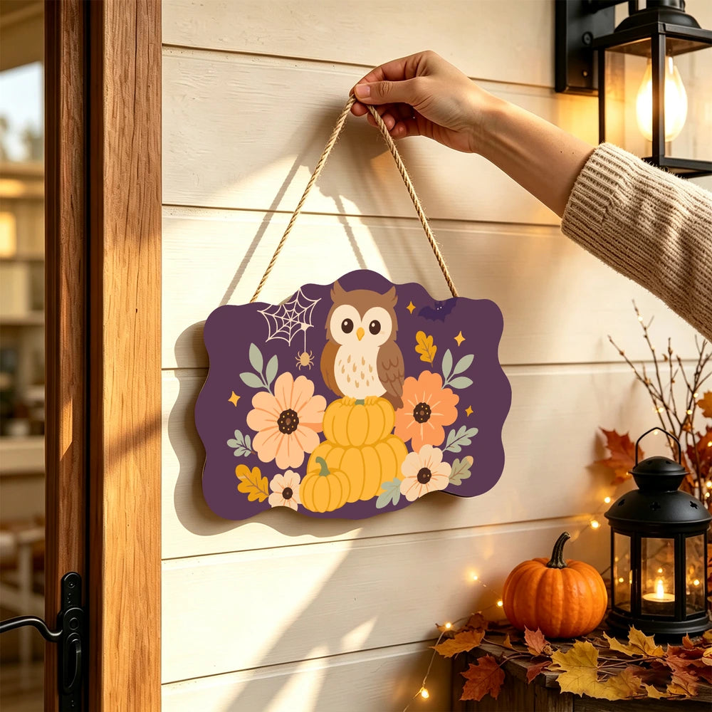 Paint by Numbers - Wooden Door Hanger | Owl on Pumpkins with Flowers