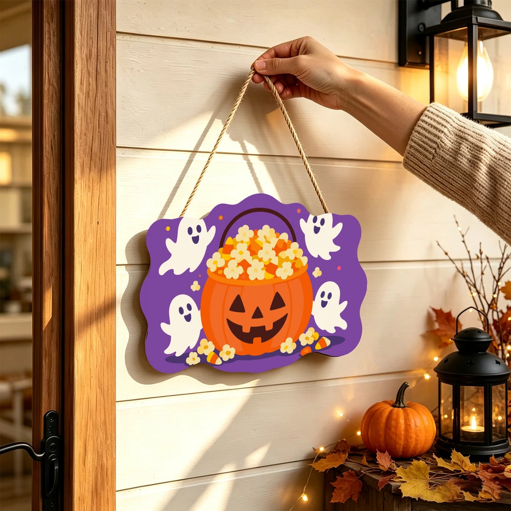 Paint by Numbers - Wooden Door Hanger | Popcorn Pumpkin Bucket with Ghosts