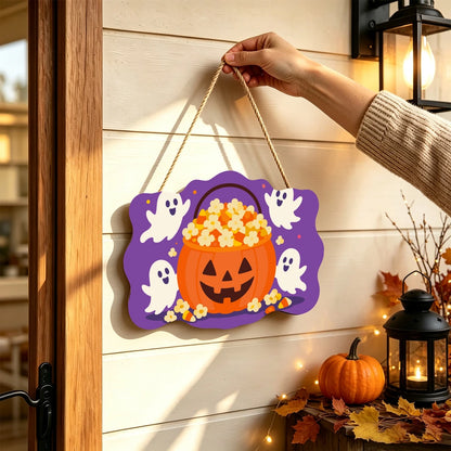 Paint by Numbers - Wooden Door Hanger | Popcorn Pumpkin Bucket with Ghosts