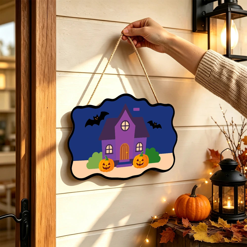 Paint by Numbers - Wooden Door Hanger | Purple Haunted House with Pumpkins