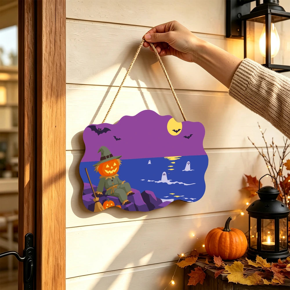 
Paint by Numbers - Wooden Door Hanger | Scarecrow by the Sea at Night