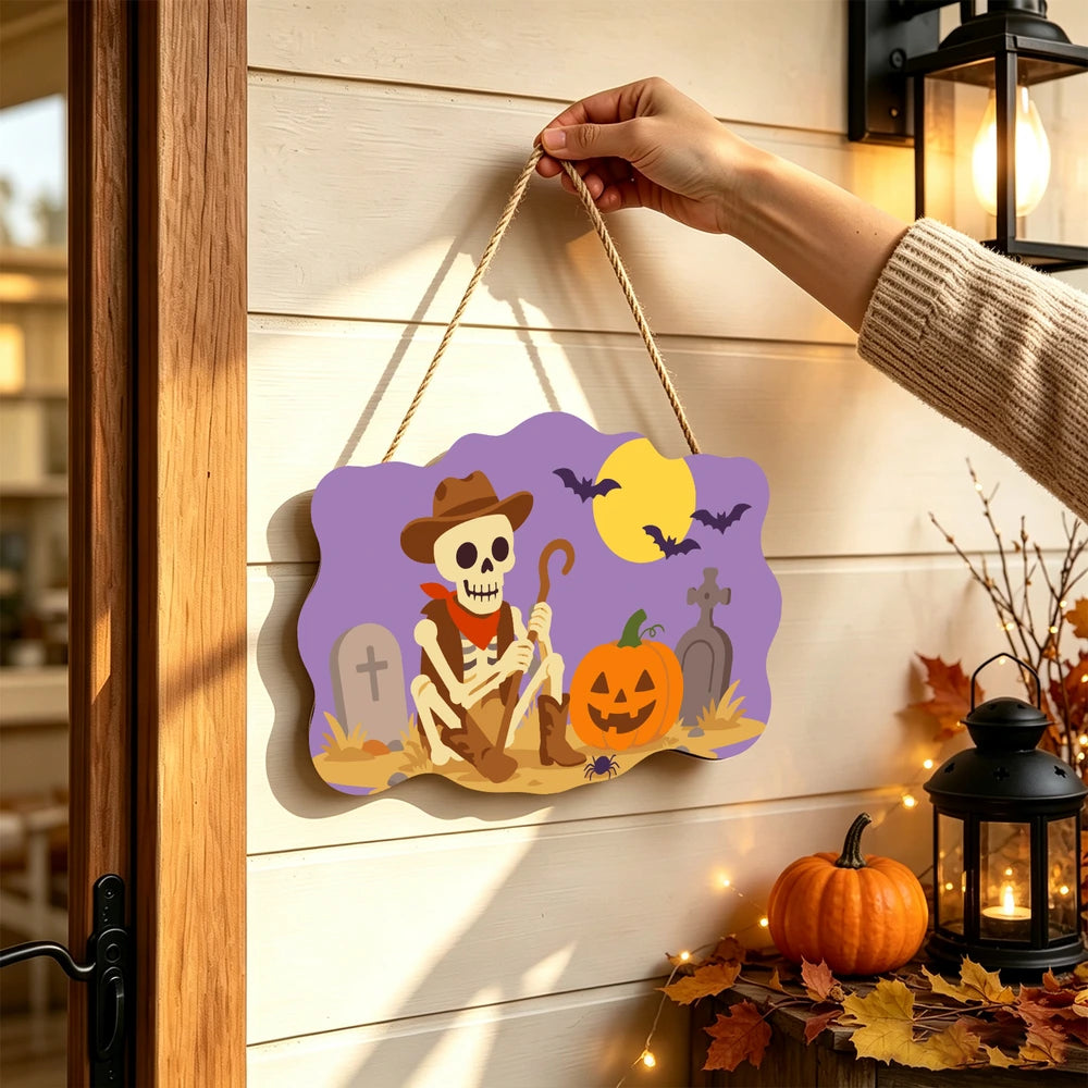 Paint by Numbers - Wooden Door Hanger | Skeleton Cowboy in the Graveyard