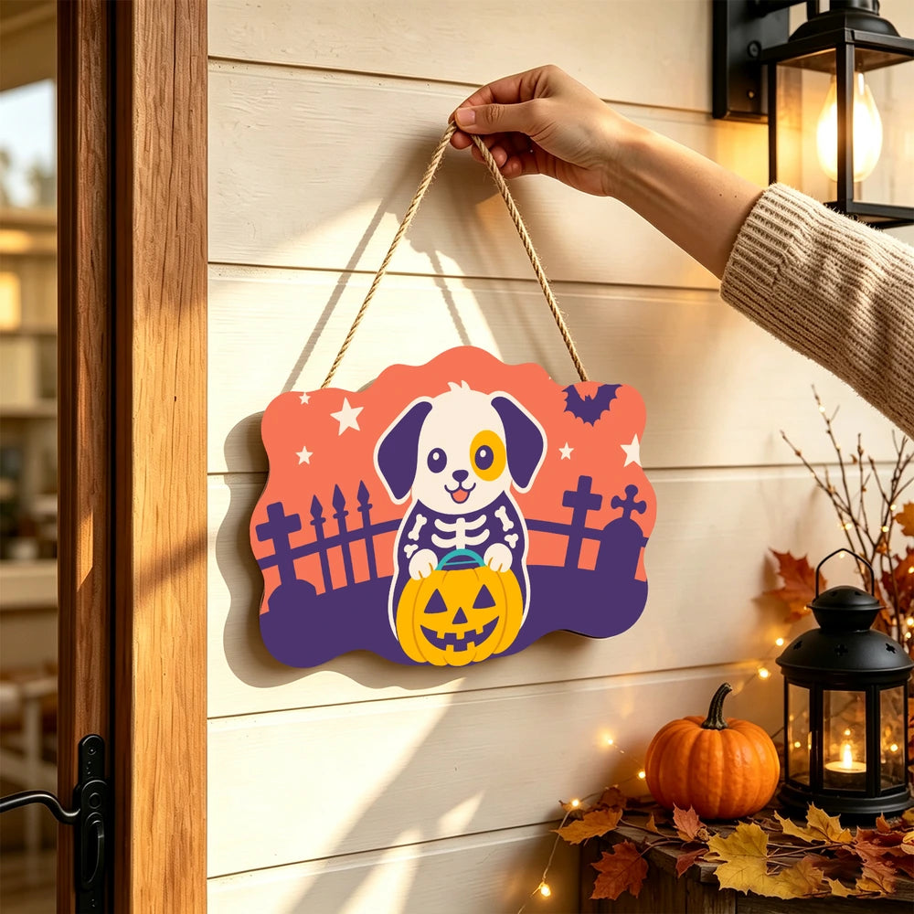 Paint by Numbers - Wooden Door Hanger | Skeleton Puppy with a Pumpkin