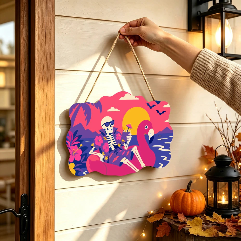 Paint by Numbers - Wooden Door Hanger | Skeleton on a Flamingo Float