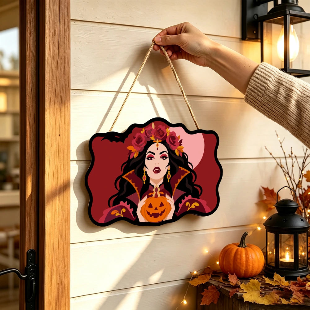 Paint by Numbers - Wooden Door Hanger | Vampire Queen with a Jack-o'-Lantern