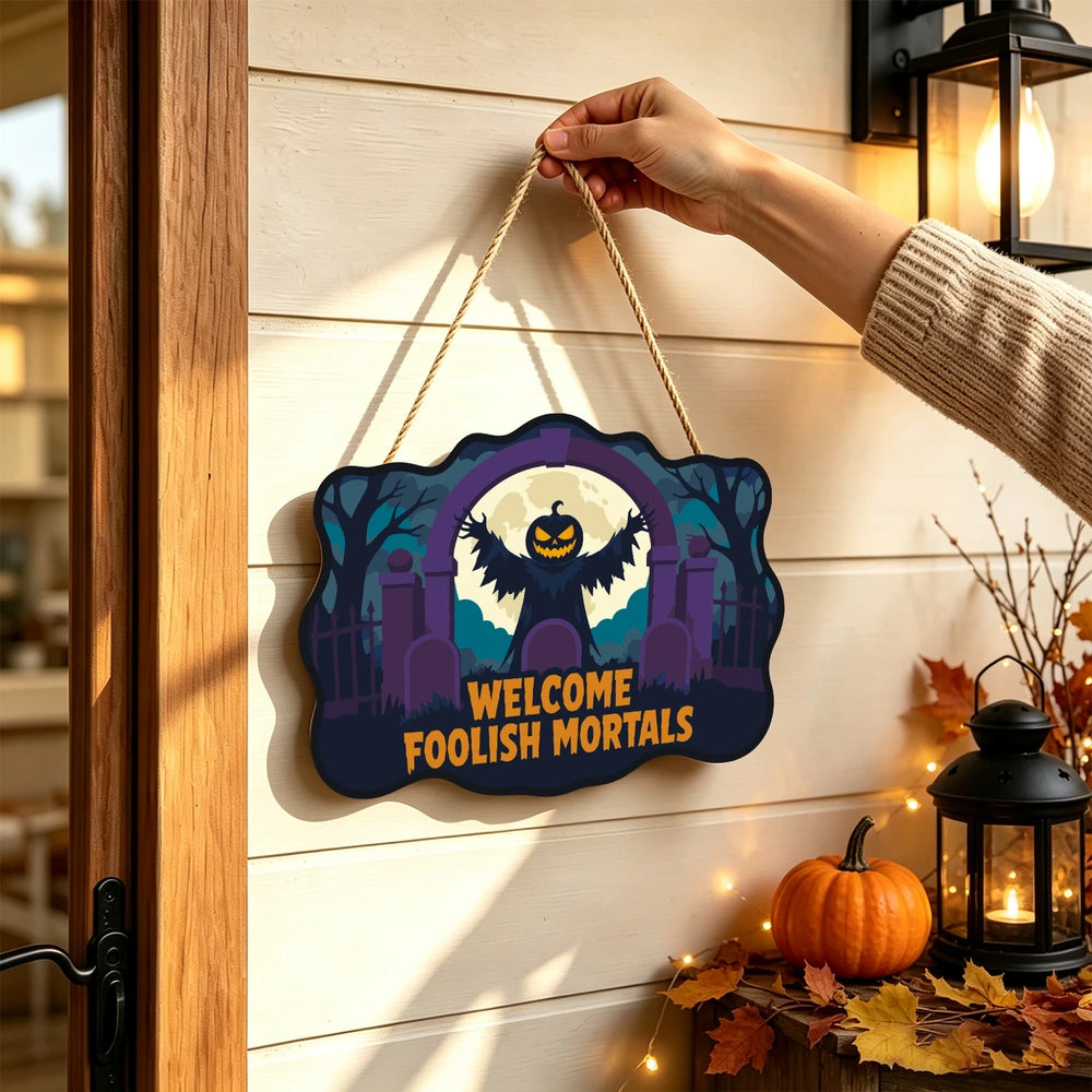 Paint by Numbers - Wooden Door Hanger | Welcome Foolish Mortals Pumpkin Bat