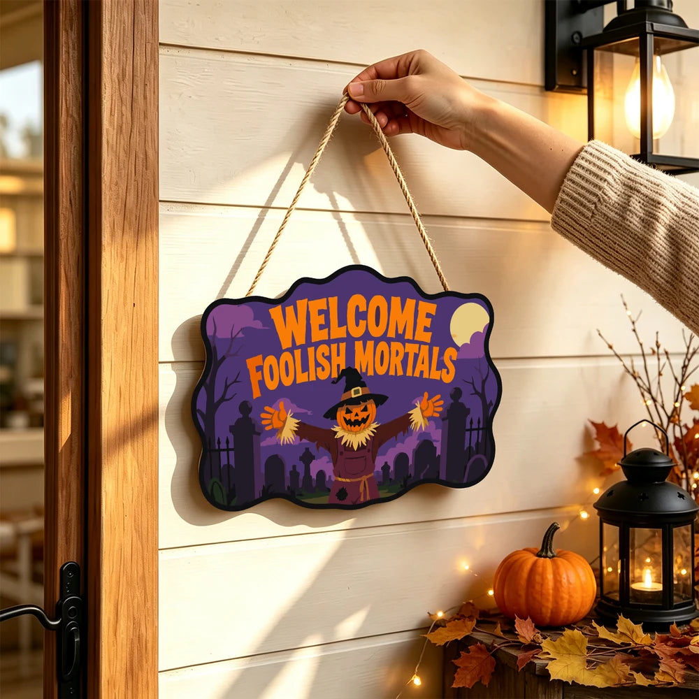 Paint by Numbers - Wooden Door Hanger | Welcome Foolish Mortals Pumpkin Scarecrow