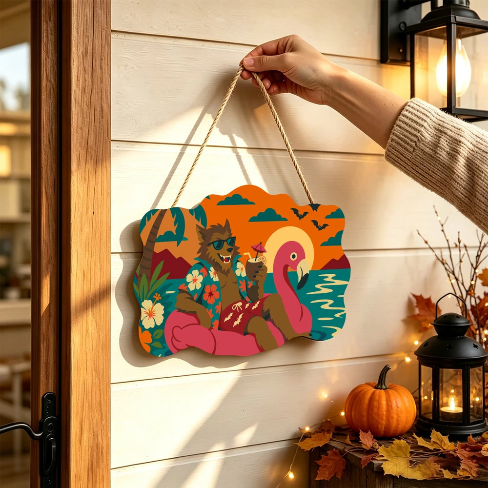 Paint by Numbers - Wooden Door Hanger | Werewolf on a Flamingo Float