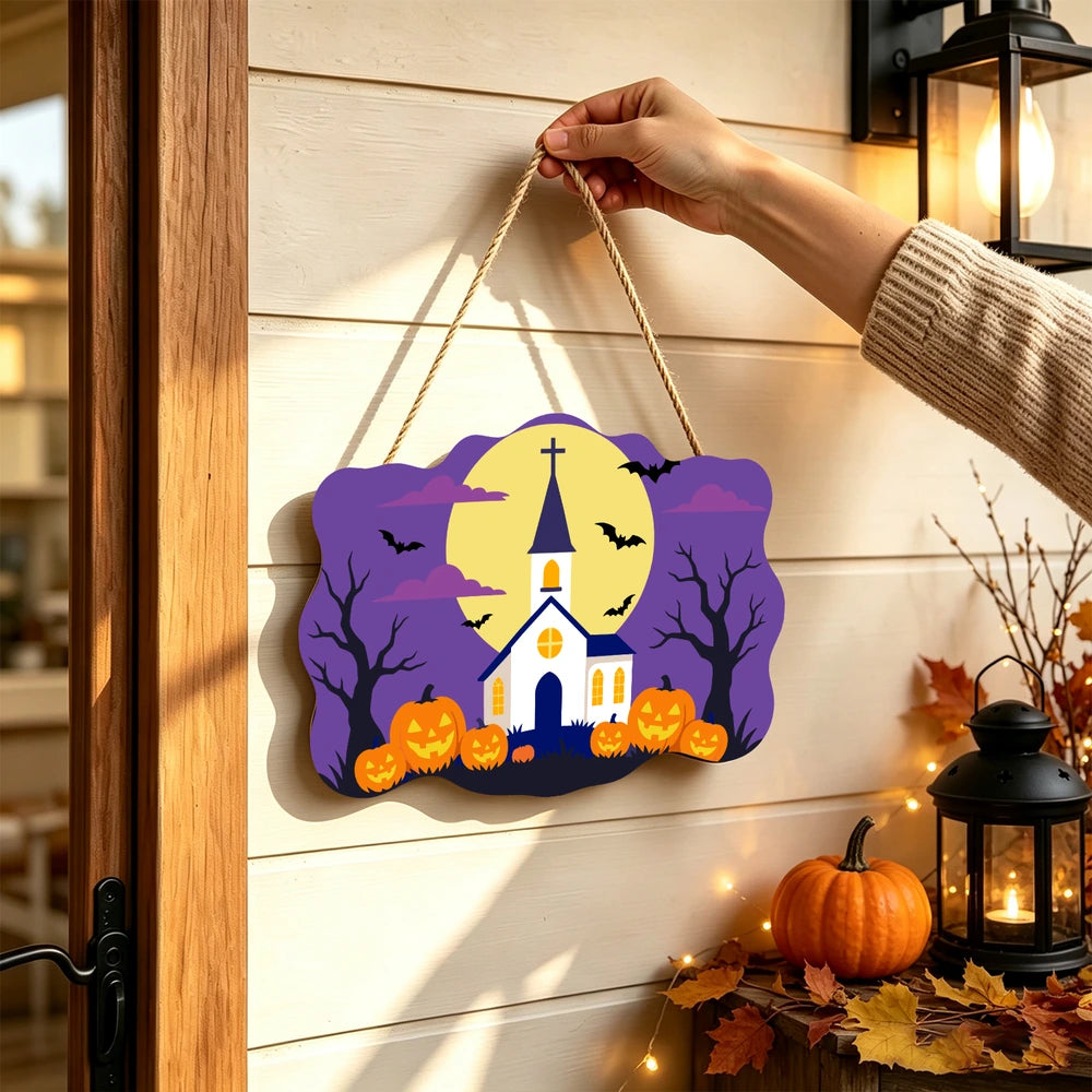 Paint by Numbers - Wooden Door Hanger | White Church Under the Full Moon