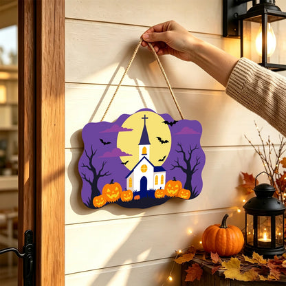 Paint by Numbers - Wooden Door Hanger | White Church Under the Full Moon