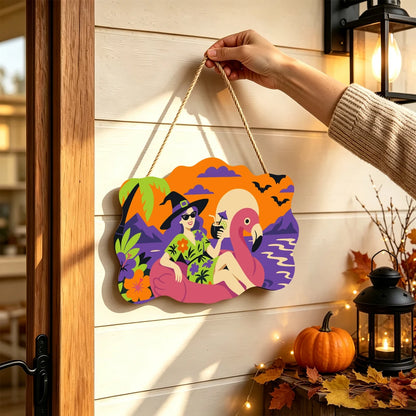 Paint by Numbers - Wooden Door Hanger | Witch on a Flamingo Float