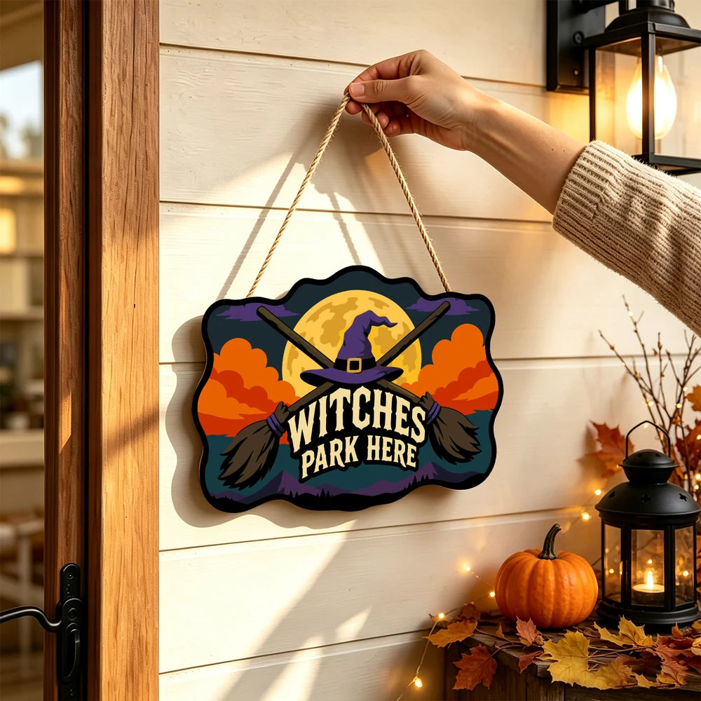 Paint by Numbers - Wooden Door Hanger | Witches Park Here Crossed Brooms