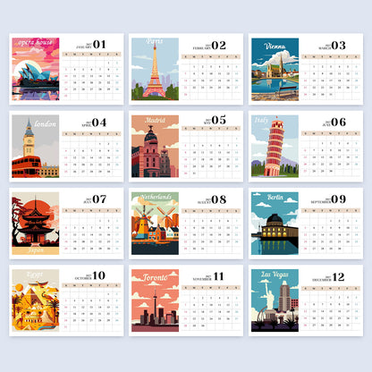 A 12-month calendar grid showing illustrated monthly pages with travel-themed city landmarks and dates, arranged in a clean light gray background.