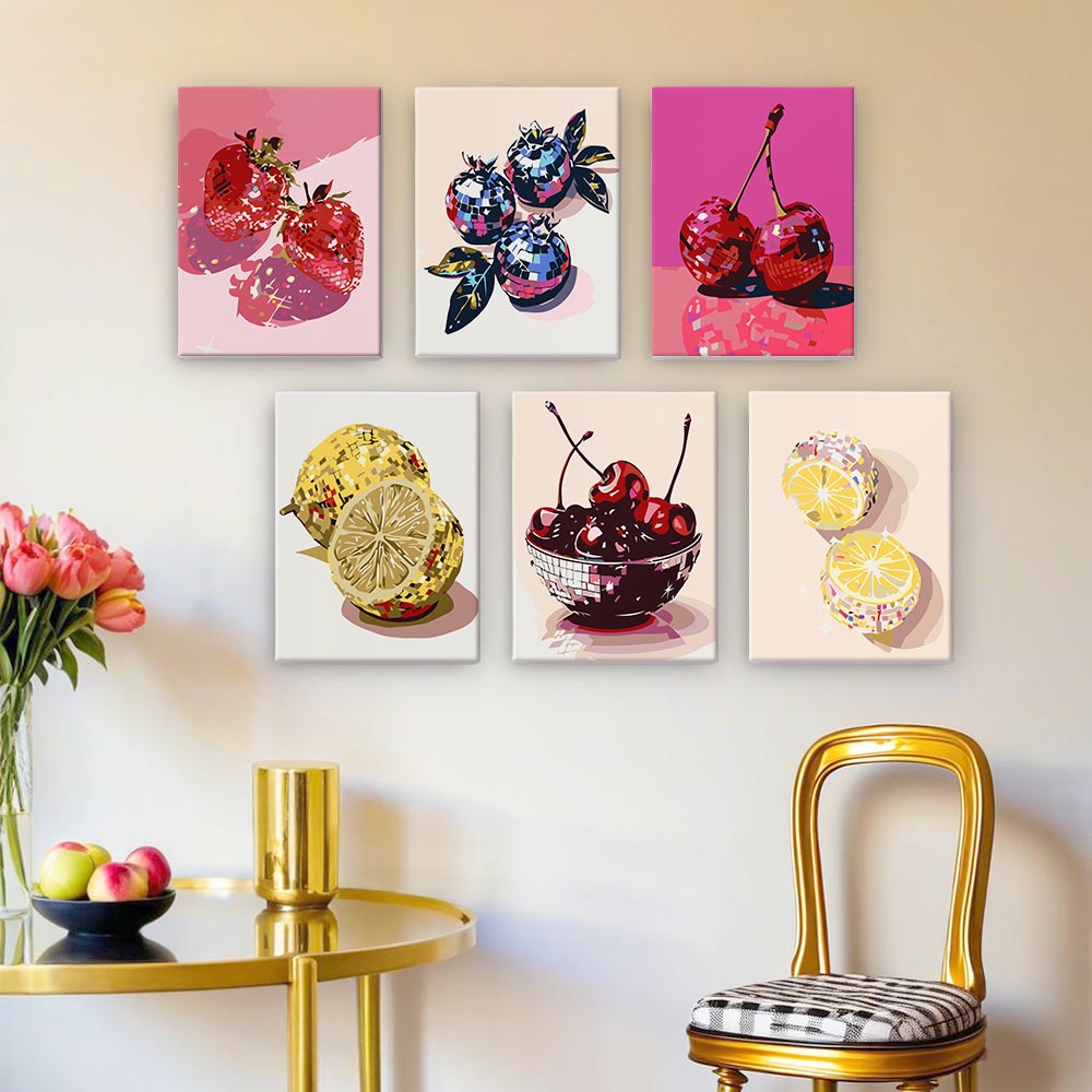 
Paint by Numbers – 6 Mini Paintings | Disco Fruit Pop Art Set