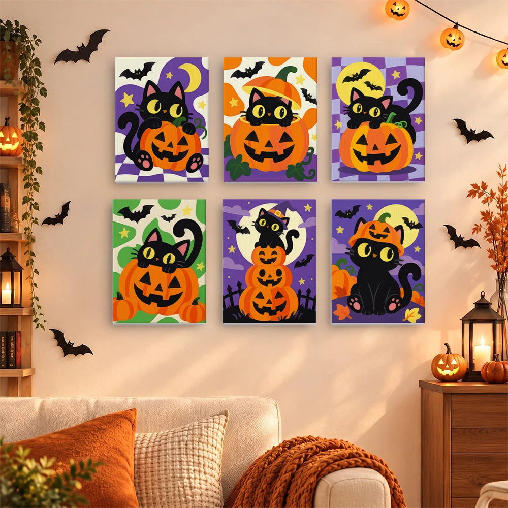 Paint by Numbers – 6 Mini Paintings | Black Cats on Jack-o'-Lanterns Set