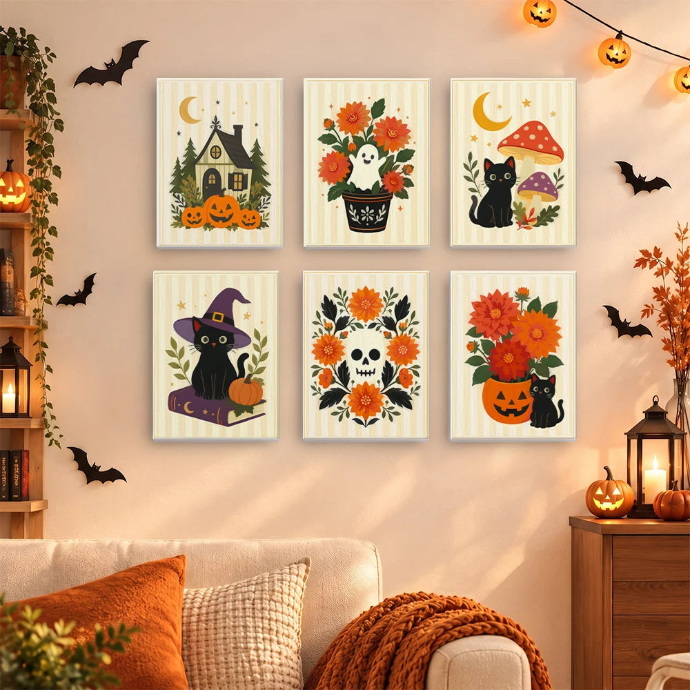 
Paint by Numbers – 6 Mini Paintings | Floral Halloween Cats and Pumpkins Set