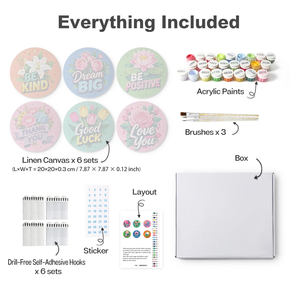 
Paint by Numbers – 6 Mini Paintings | Kind Words Flower Rounds (Round)