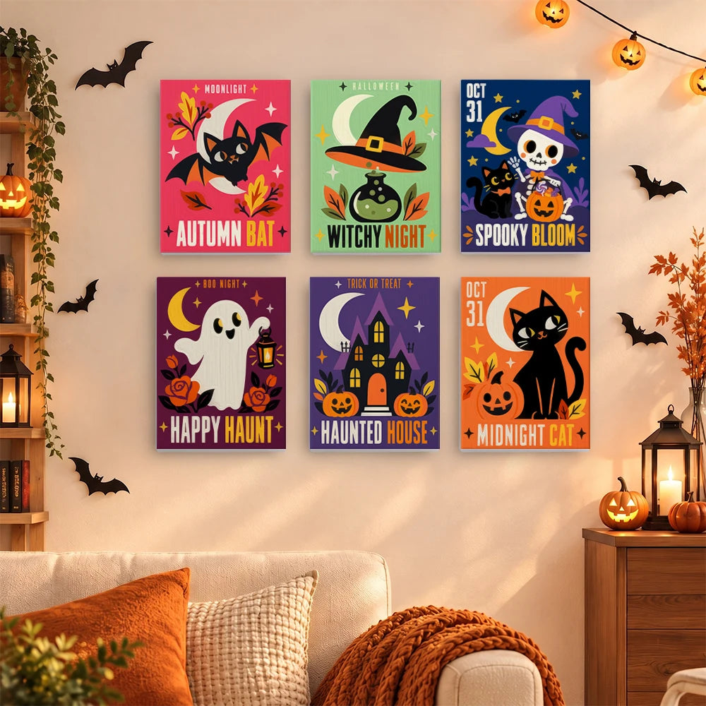 Paint by Numbers – 6 Mini Paintings | Midnight Cat and Spooky Bloom Posters Set