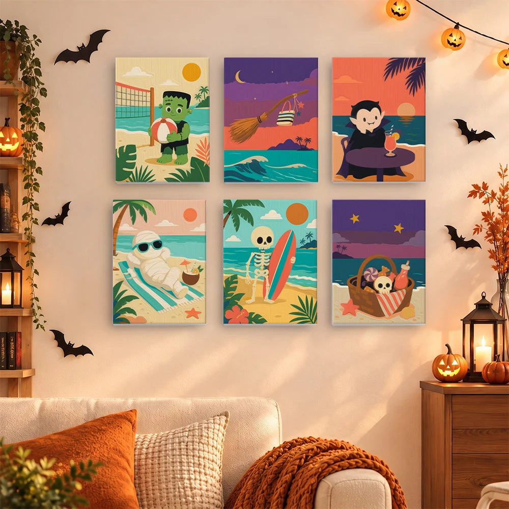 Paint by Numbers – 6 Mini Paintings | Monsters on Beach Vacation Set