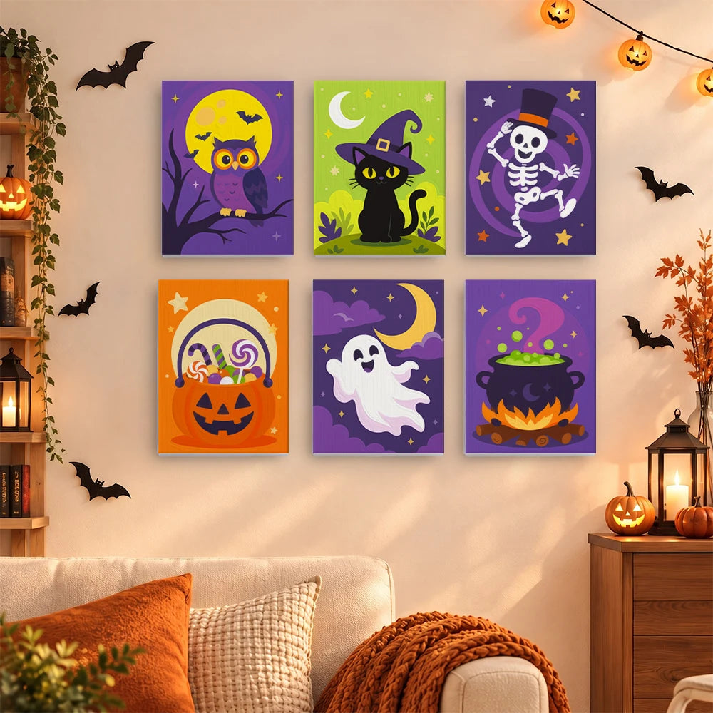 Paint by Numbers – 6 Mini Paintings | Owl, Cat and Dancing Skeleton Set