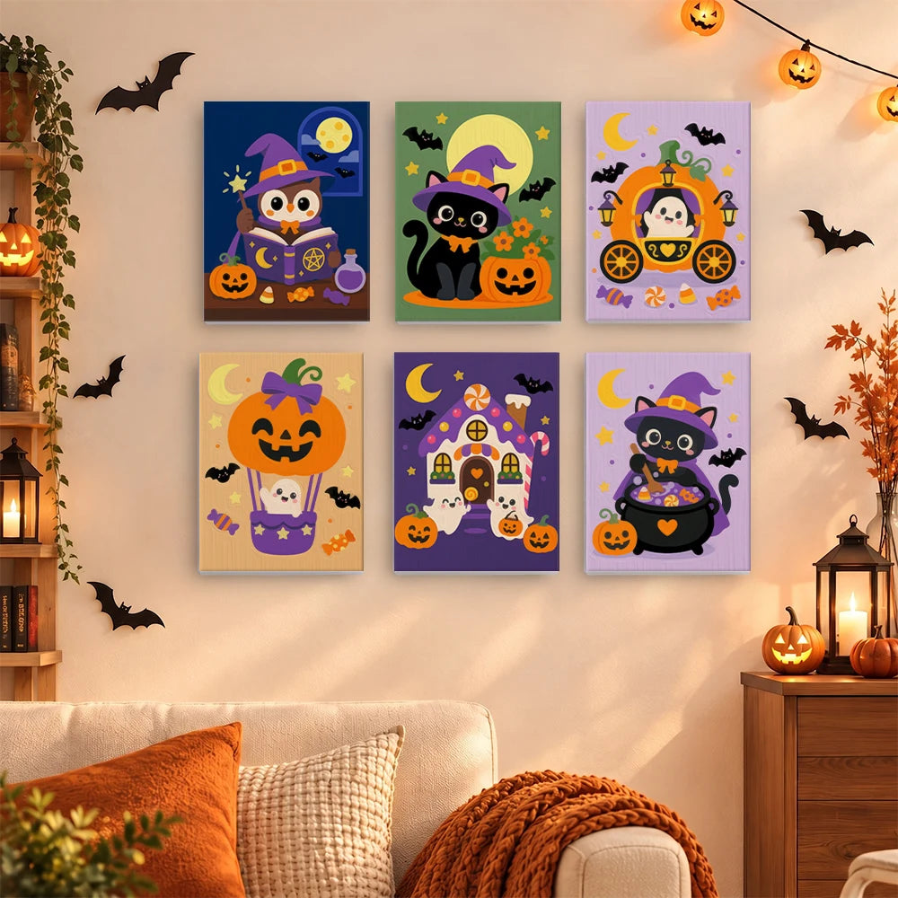 
Paint by Numbers – 6 Mini Paintings | Owl Witch and Pumpkin Carriage Set