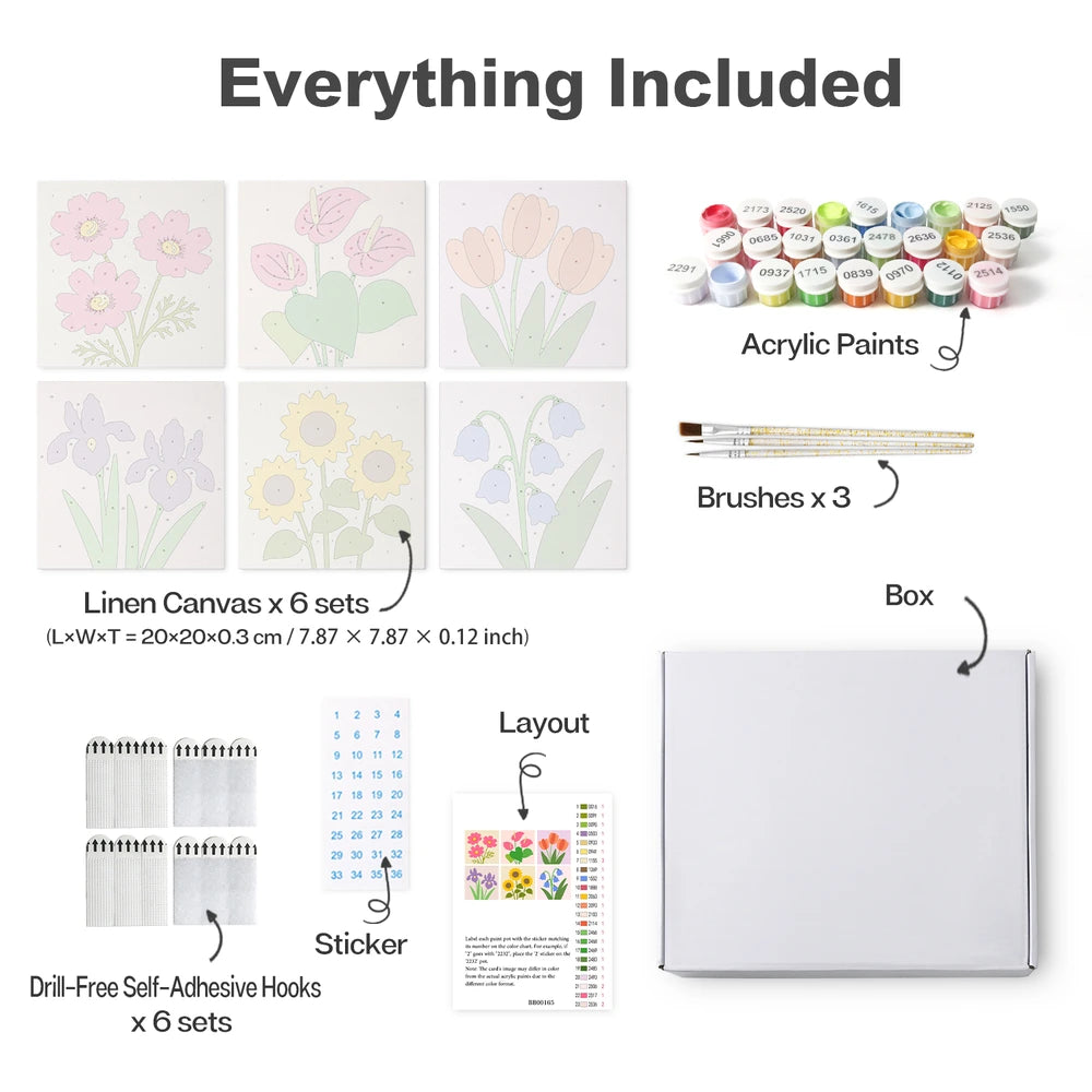 Paint by Numbers – 6 Mini Paintings | Simple Garden Blooms (Square)