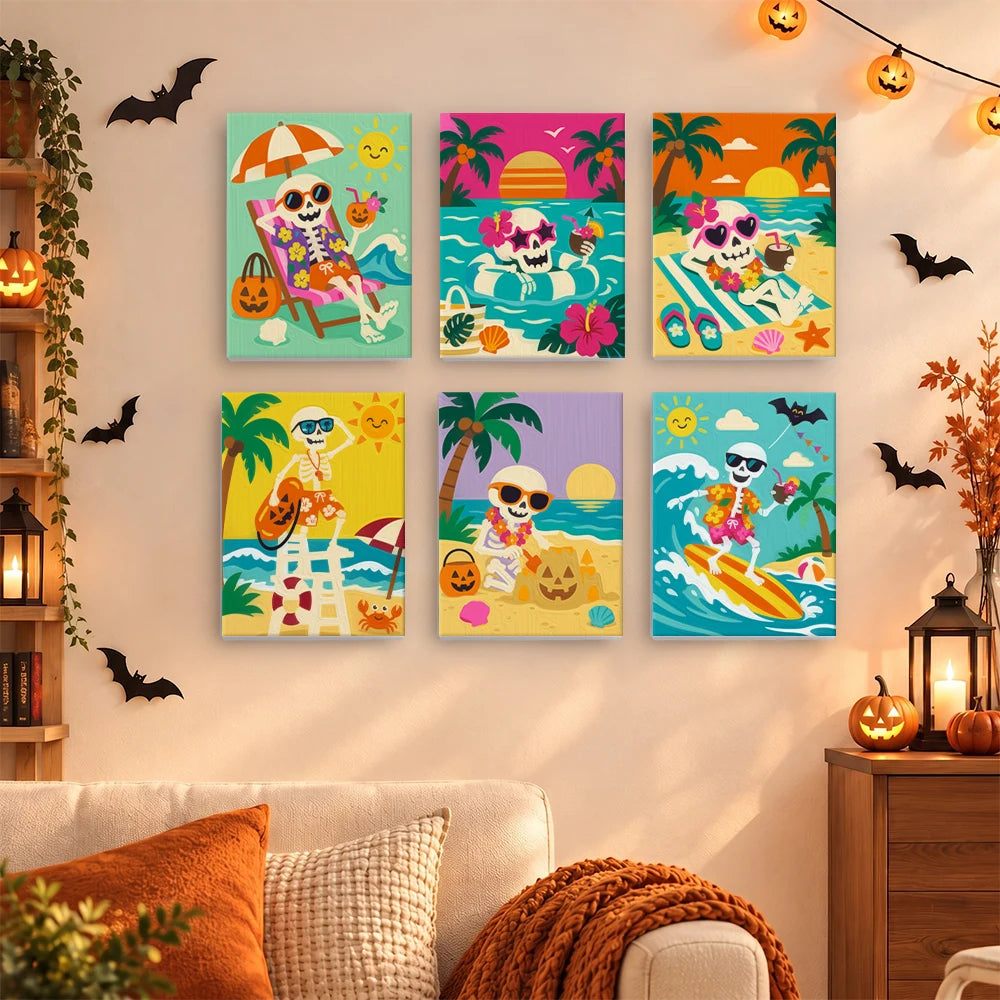 Paint by Numbers – 6 Mini Paintings | Skeletons on Summer Vacation Set