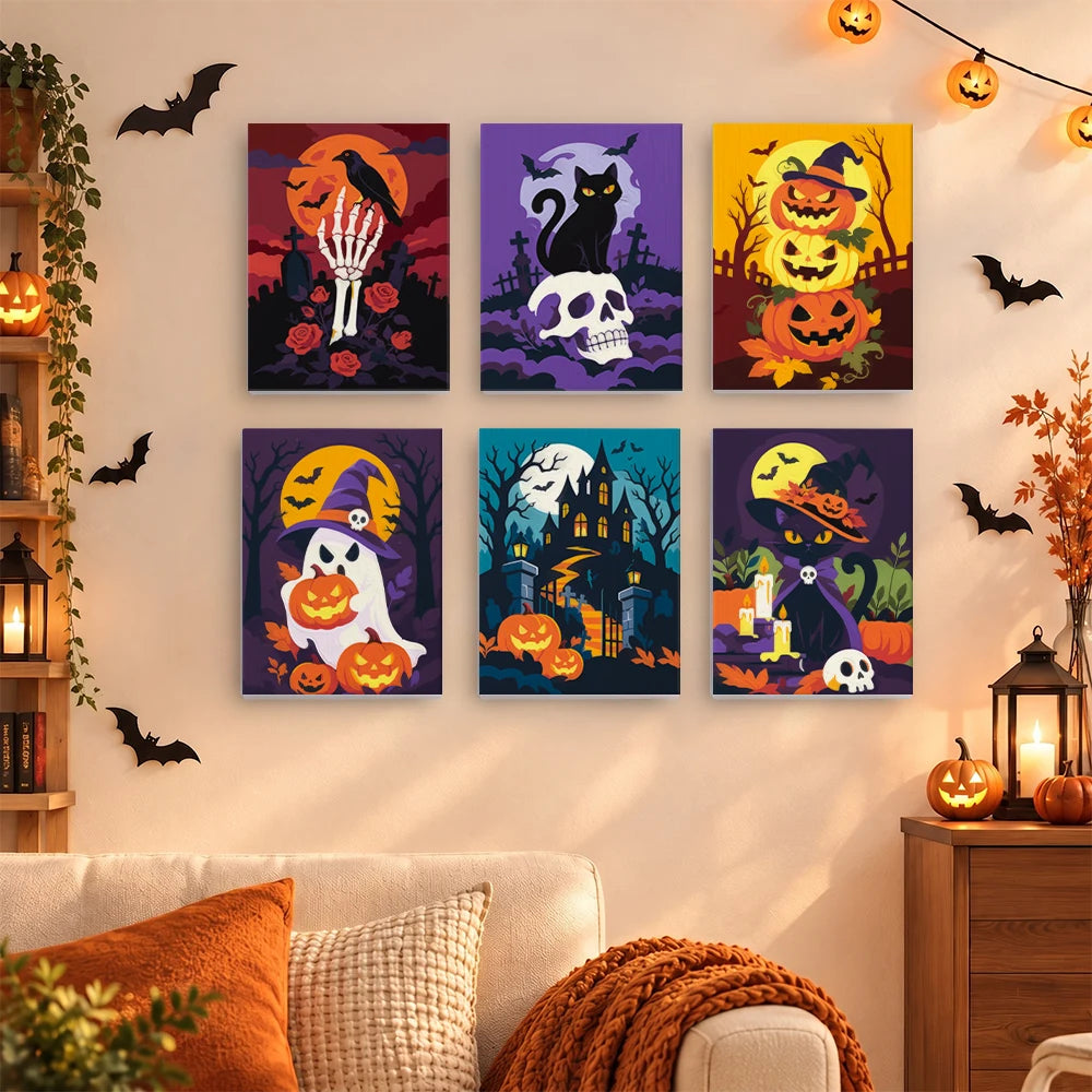 Paint by Numbers – 6 Mini Paintings | Skulls and Pumpkins by Moonlight Set
