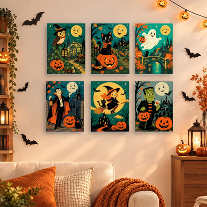 Paint by Numbers – 6 Mini Paintings | Vintage Moon Face Monster Night Set