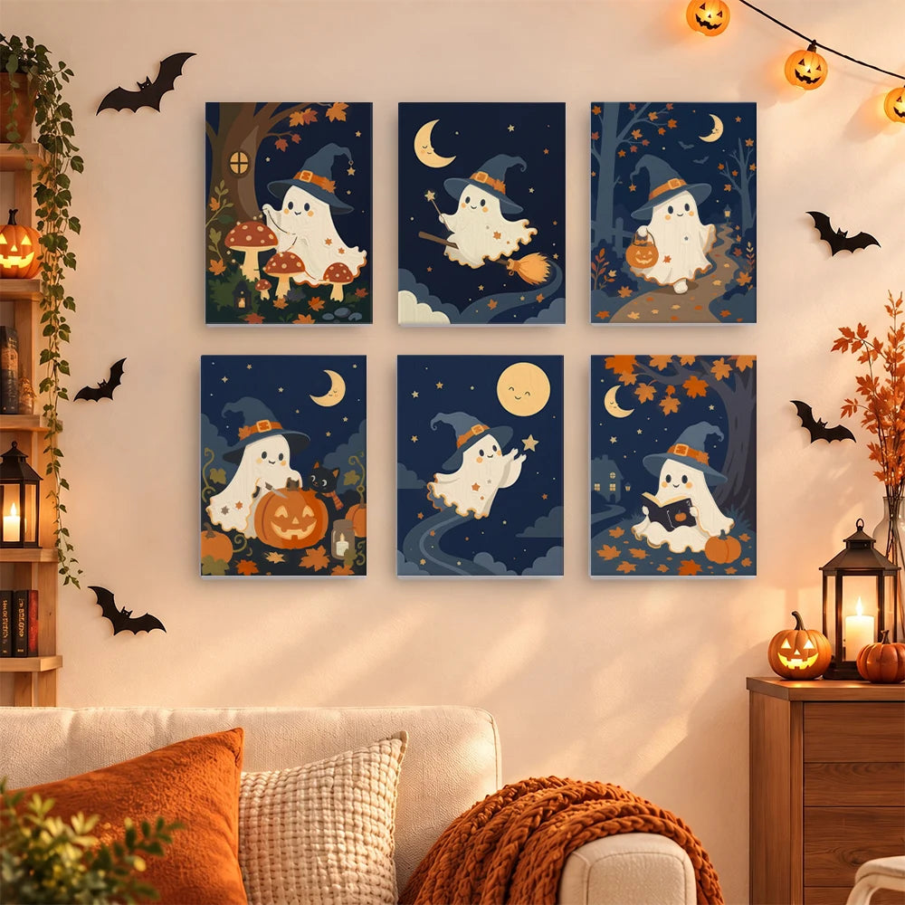 Paint by Numbers – 6 Mini Paintings | Witch Hat Ghosts at Night Set