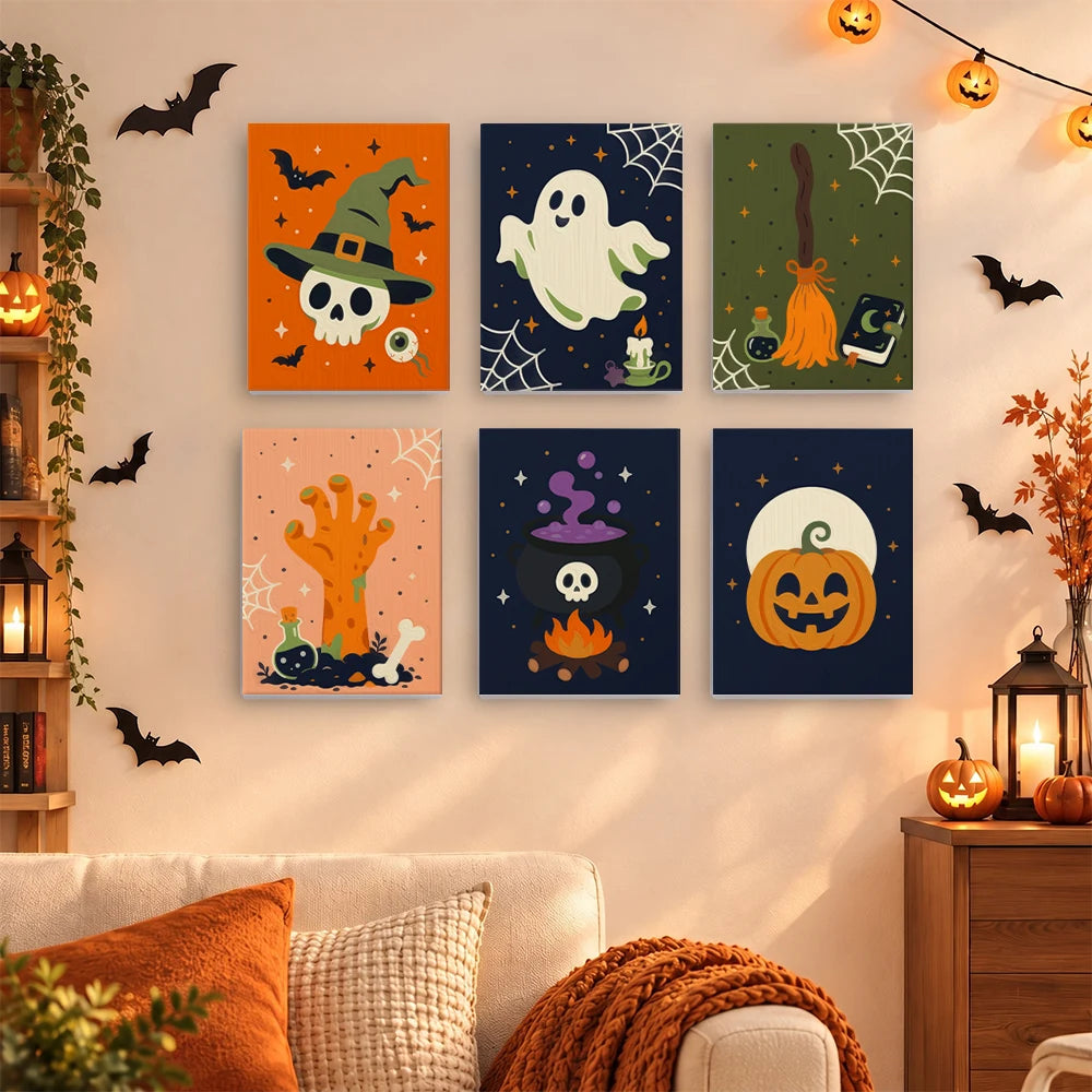 Paint by Numbers – 6 Mini Paintings | Witch Hat Skull and Broomstick Set