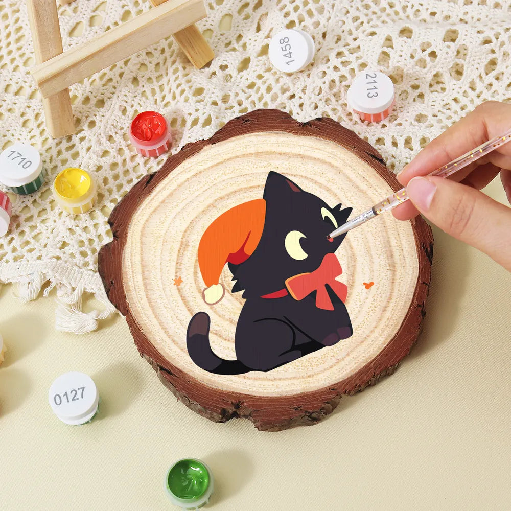 
Paint by Numbers - Wood Slice | Black Cat with an Orange Hat