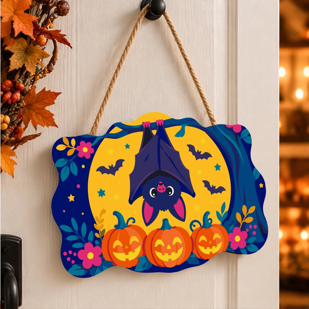 Paint by Numbers - Wooden Door Hanger | Bat Hanging Over the Pumpkins