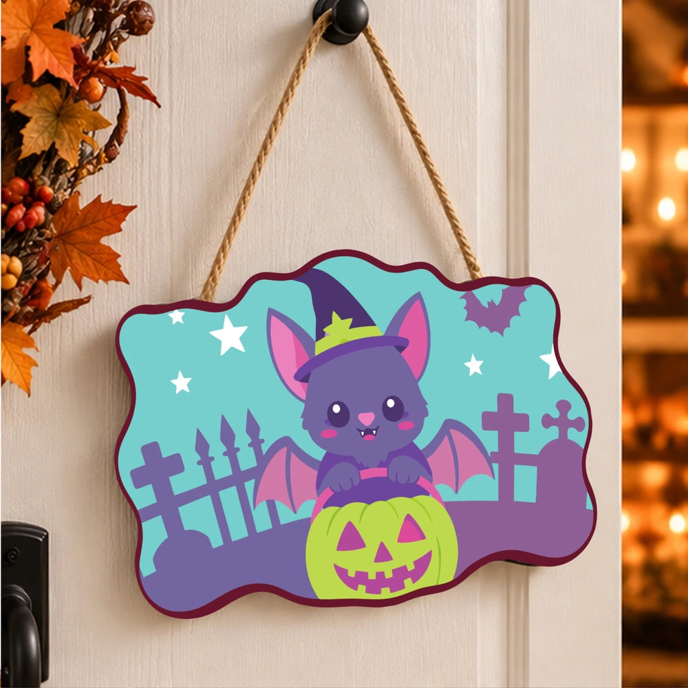Paint by Numbers - Wooden Door Hanger | Bat in a Witch Hat with a Pumpkin